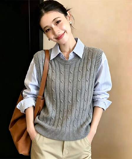 회색 POLO 칼라 페이크 레이어드 여성 셔츠 가을 2026 새로운 학원 스타일 풀오버 스트라이프 패치워크 패션 맨위
