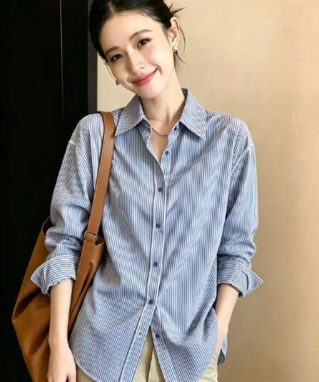 패션 폴로 칼라 루즈핏 스트라이프 여성 셔츠 느긋한 바람 면 100% 한국 레트로 패치워크 다용도 긴팔 맨위