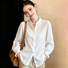 独特超好看白色衬衫女长袖蕾丝边立领法式上衣2026秋装新款