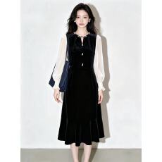 批发时尚假两件丝绒连衣裙女2026秋装新款新年年会约会鱼尾中<b class='q'>长裙女</b>