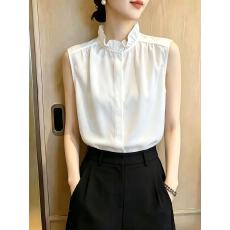批发法式木耳边无袖<b class='q'>衬衫</b>女2026款<b class='q'>真丝</b>缎面荷叶边领打底秋冬叠穿上衣