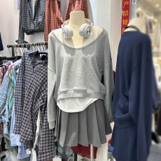 批发促销不退换 纯棉内搭圆领吊带背心宽松长袖卫衣两件套装女