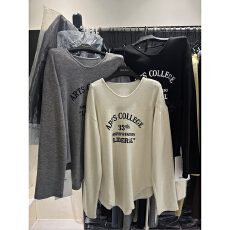 批发2025秋冬季新款字母印花长袖T恤女韩版休闲宽松显瘦V领打底衫上衣