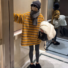 批发中长款加厚毛绒感条纹长袖T恤女秋冬遮***洋气大版内搭打底上衣