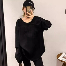 批发韩国东大门<b class='q'>冬</b>季新款字母U领宽松显瘦中长款加厚长袖T恤女打底上衣