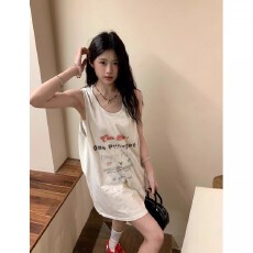 批发美式辣妹字母印花吊带背心女夏新款宽松显瘦百搭休闲无袖<b class='q'>T</b><b class='q'>恤</b>上衣