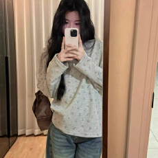 批发韩系复古碎花套头长袖T恤女秋冬季内搭宽松百搭日常慵懒显瘦上衣