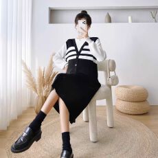 批发条纹拼接假两件连衣裙女<b class='q'>夏</b>2025新款气质时尚减龄休闲显瘦t恤裙子