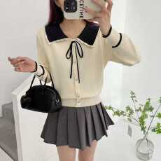 批发<b class='q'>韩版</b>撞色娃娃领针织打底衫女2025秋冬新款洋气别致蝴蝶结短款上衣