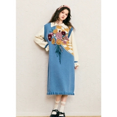 批发冬季针织<b class='q'>连衣裙</b>女2025秋冬新款蓝色毛衣裙长款裙子花神迷宫