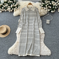 批发韩国chic小众复古慵懒风翻领长袖撞色<b class='q'>条纹</b>针织连衣<b class='q'>裙</b>女宽松毛衣<b class='q'>裙</b>
