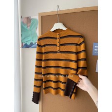 批发日韩系软糯半高领条纹修身针织衫女秋冬复古内外百搭叠穿打底上衣