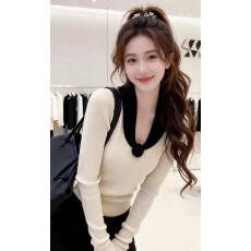 批发韩系撞色v领针织衫女秋冬2025新款气质修身显瘦套头内搭打底毛衣