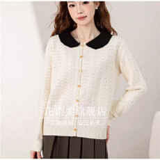 撞色韩系小个子外套开衫秋季新款镂空复古小香风外搭洋气针织衫