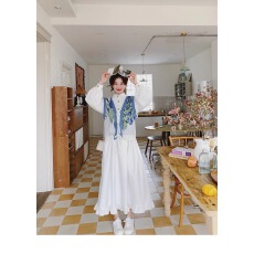 批发初春新款女装套装法式茶歇白色衬衫连衣裙外搭减龄针织马甲两件套