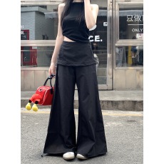 批发大量实拍 假俩件宽松<b class='q'>拖地</b>调节袋鼠口袋阔腿裙裤休闲长裤