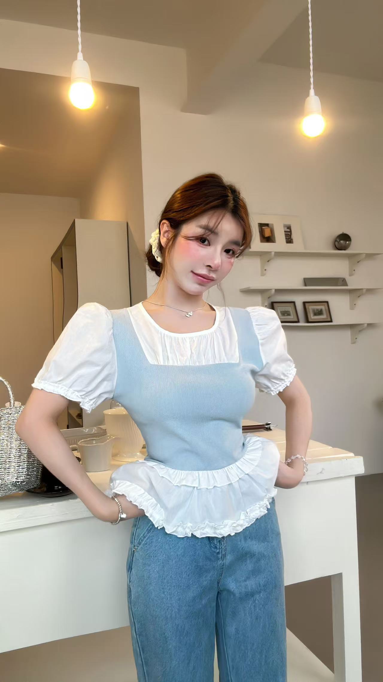 FA34654# 夏季新款韩国东大门新款撞色拼接花边小衫T恤 服裝批發女裝批發服飾貨源