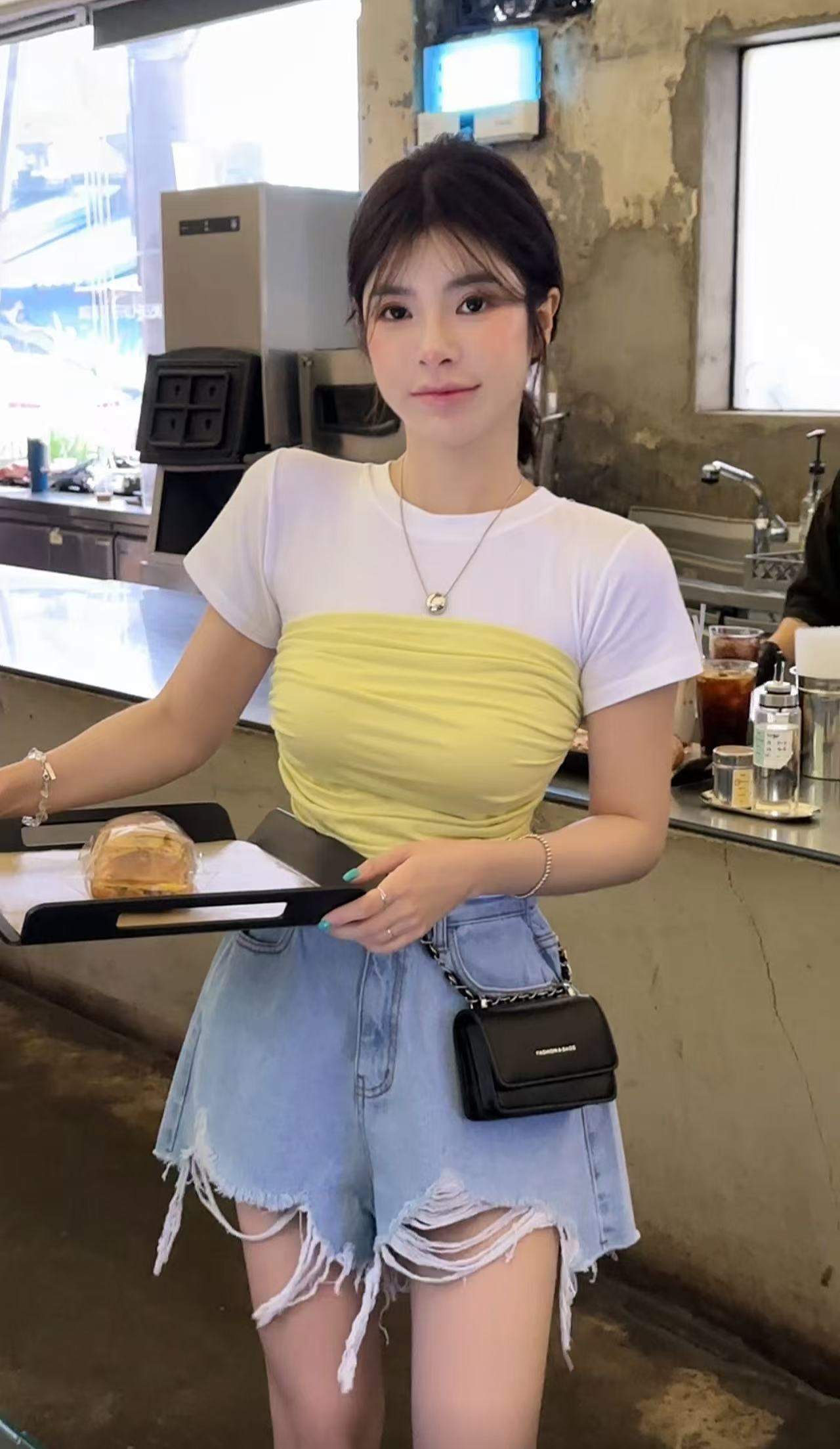 FA34651# 夏季新款东大门辣妹撞色假两件正肩短袖拼色T桖 服裝批發女裝批發服飾貨源