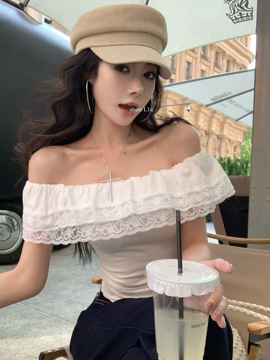 실사 정가 프랑스식 프릴 오프숄더 디자인 센스 몸매 가꾸기 슬림해 보이는 Chic 작은 셔츠