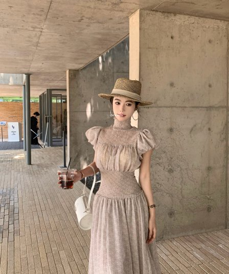 실사 정가 레트로 스타일 명중 가져 가라. 공예 작은 대중 주름 허리 수축 롱 코트 드레스