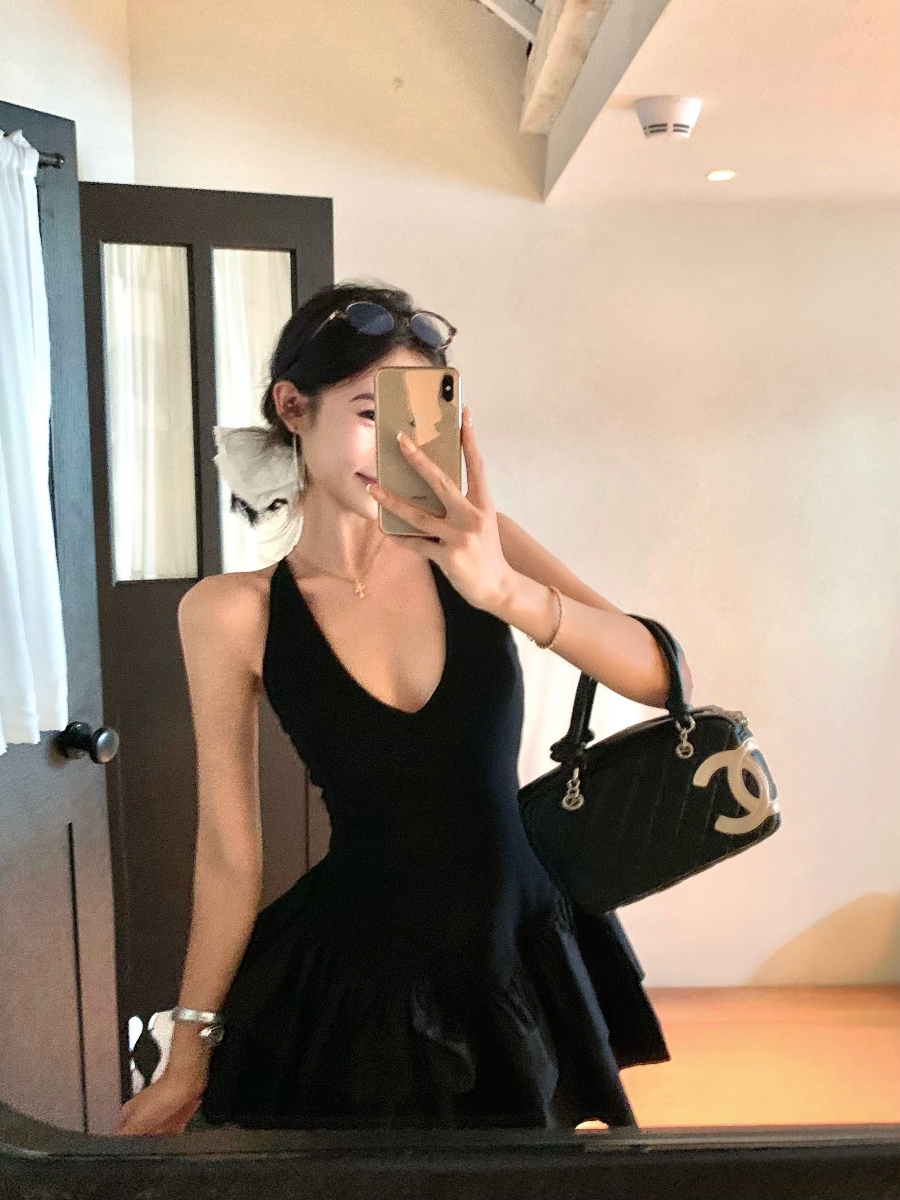 실사 정가 발레 패치워크 행침 목 조끼 원피스 허리 수축
