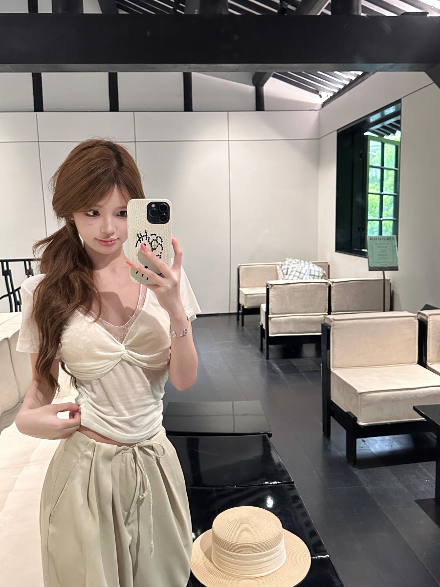 실사 정가 V넥 레이스 매듭 반팔 티셔츠 몸매 가꾸기 맨위