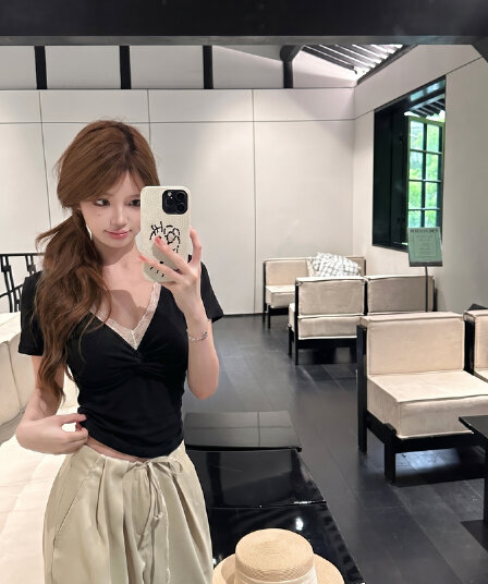 실사 정가 V넥 레이스 매듭 반팔 티셔츠 몸매 가꾸기 맨위