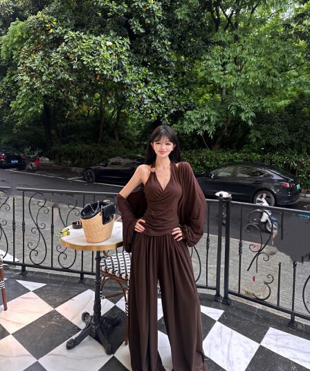 실사 정가 무거운 작업 느긋한 바람 레트로 세트 행침 목 조끼 루즈핏 오픈 가디건 도루 센스 하이웨이스트 와이드 레그 팬츠
