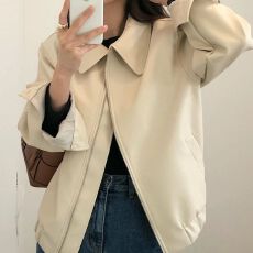 批发韩国chic秋季个性帅气翻领拉链设计宽松休闲长袖机车服皮衣外套女