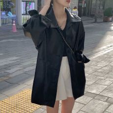 批发26韩国帅气翻领单排扣皮衣外套女秋季新款宽松百搭仿皮夹克上衣