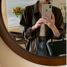 批发慵懒风咖色pu中长款皮衣外套女<b class='q'>春</b>秋2026新款宽松皮夹克衬衫