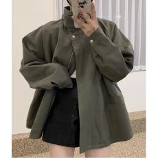 批发<b class='q'>韩国</b>chic秋季小众复古立领斗篷设计大口袋宽松百搭长袖<b class='q'>风衣外套</b>女