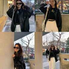 批发2026新款<b class='q'>春</b>季拉链翻领pu仿皮衣外套女短款宽松显瘦美式复古机车服