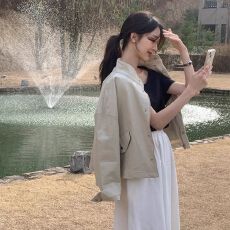 批发韩国chic春<b class='q'>秋</b>季复古帅气翻领拉链设计宽松百搭长袖机车服上衣外套