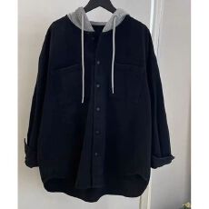 批发胖MM新款宽松大码复古休闲连帽衬衫女春<b class='q'>秋</b>季中长款百搭外套ins潮
