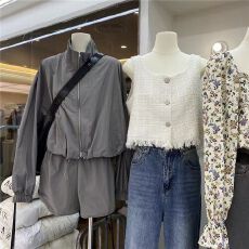 批发2026美式休闲防晒衣套装女运动风翻领抽绳外套阔腿短裤薄款俩件套