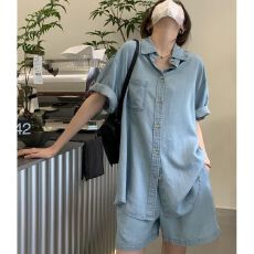 批发天丝仿牛仔套<b class='q'>装</b>短袖衬衣仿牛仔阔腿短<b class='q'>裤</b>两件套女2026夏季<b class='q'>韩版</b>宽松