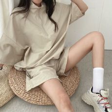 批发大码拉链短袖女装两件套学生夏季韩版时尚休闲<b class='q'>运动服</b>套装<b class='q'>宽松</b>高领