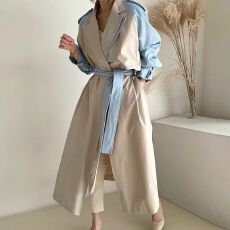 批发韩国chic春秋法式复古翻领设计感拼接撞色系带收腰长款<b class='q'>风衣外套</b>女
