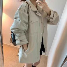 批发韩国chic春夏复古气质翻领拉链式暗扣抽褶收腰显瘦百搭<b class='q'>风衣外套</b>女