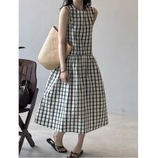 批发法式复古格子宽松大摆a字<b class='q'>连衣裙</b>女夏季设计感休闲长款无袖背心裙