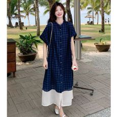 批发格纹拼接蓝色<b class='q'>连衣裙</b>女夏2025新款大方得体穿搭清纯系独特漂亮长裙