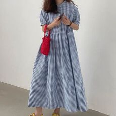 批发韩国chic夏季复古气质圆领小排扣宽松休闲格纹过膝长款<b class='q'>连衣裙</b>女