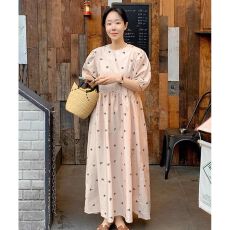 批发<b class='q'>韩国</b>chic夏季甜美减龄圆领蝴蝶结印花拼接宽松休闲泡泡袖<b class='q'>连衣裙</b>女