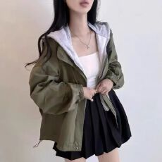 批发韩国chic秋季设计感纯色休闲假两件连帽拉链灯笼袖宽松<b class='q'>风衣外套</b>女