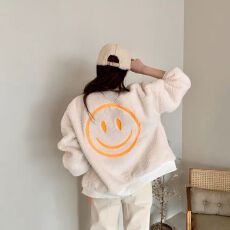 批发2026秋冬季新款美式仿羊羔毛绒笑脸刺绣棒球服<b class='q'>夹克</b>外套<b class='q'>女</b>ins潮