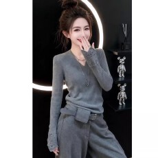 批发法式蕾丝拼接长袖v领打底毛针织衫女秋冬季<b class='q'>修身</b>显瘦保暖内搭上衣