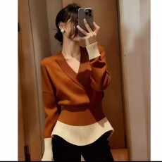韩系高级感撞色拼接v领毛衣女秋冬设计感收腰显瘦内搭打底针织衫