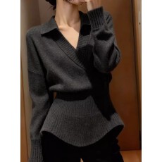 批发韩系老钱风v领翻领毛衣女秋冬季宽松慵懒收腰显瘦内搭打底<b class='q'>针织衫</b>