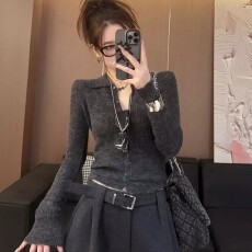 批发灰色v领长袖翻领毛针织开衫女秋冬巨好看的修身显瘦内搭打底上衣